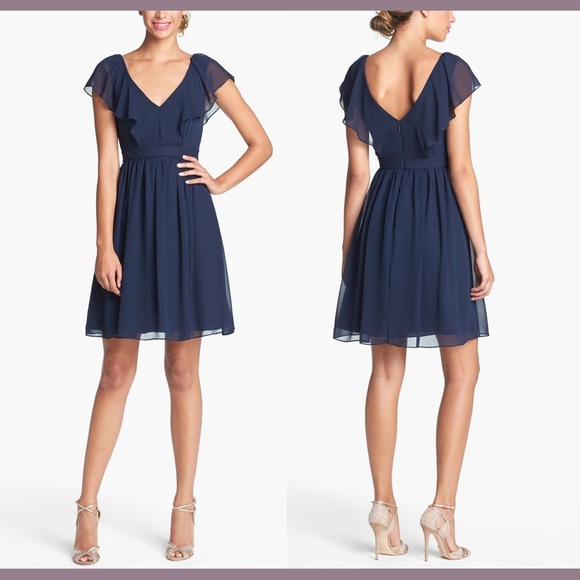 NEW Jenny Yoo 'Isabel' Ruffled Chiffon Fit & Flare Dress Navy Blue [‎ Size 2 ] - Picture 1 of 5